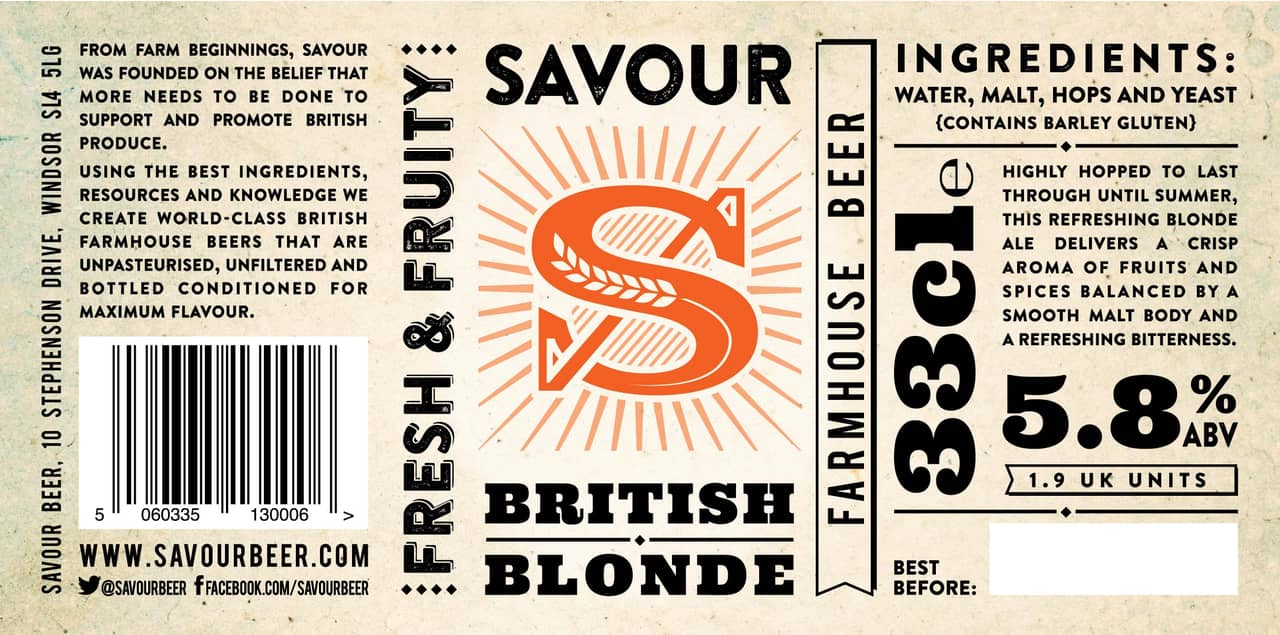 Flat artwork of a Savour Beer packaging design