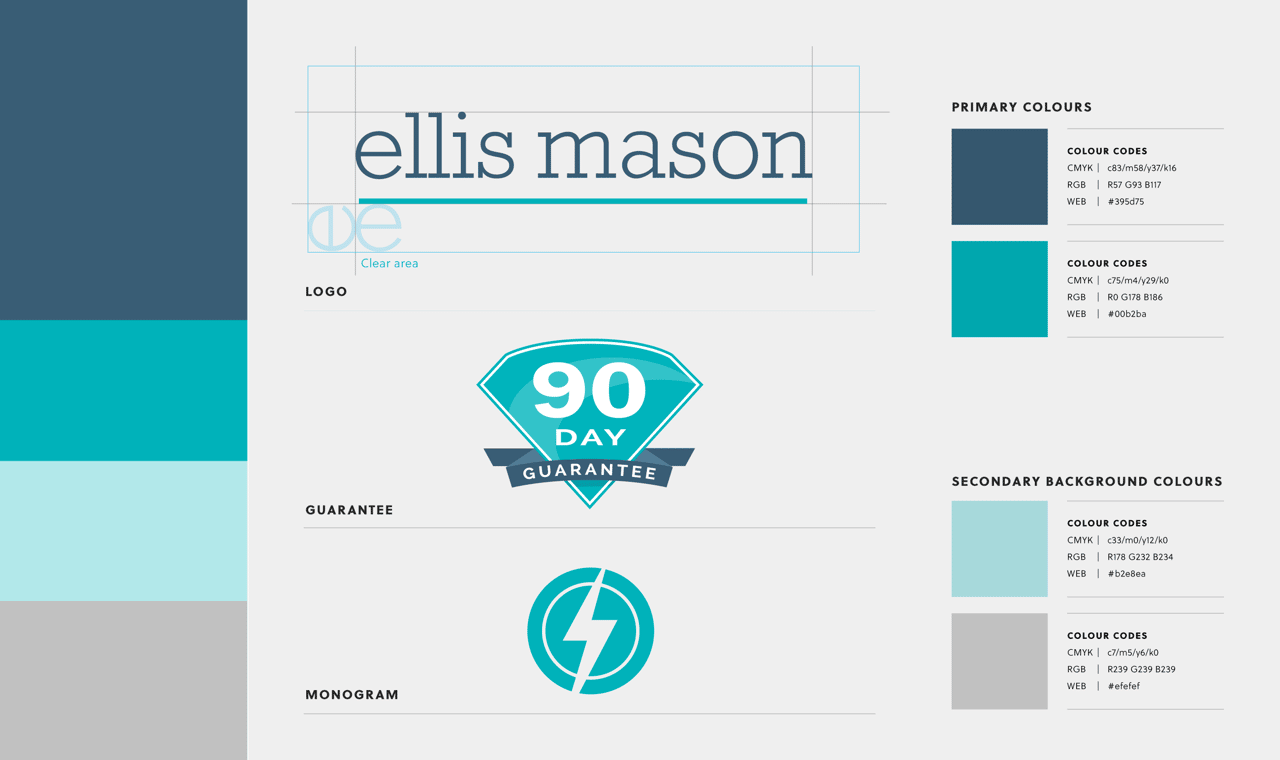 Page from Ellis Mason branding doc showing logos and colour swatch references.