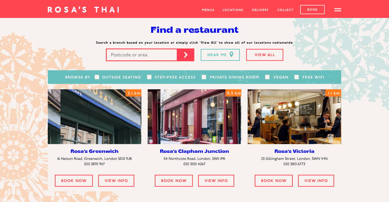 Rosa's Thai restaurant locations page