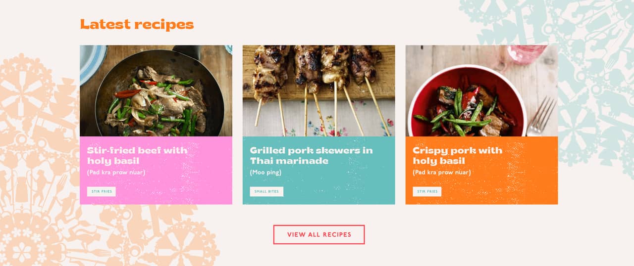 Rosa's Thai restaurant website recipe section with images and recipe titles