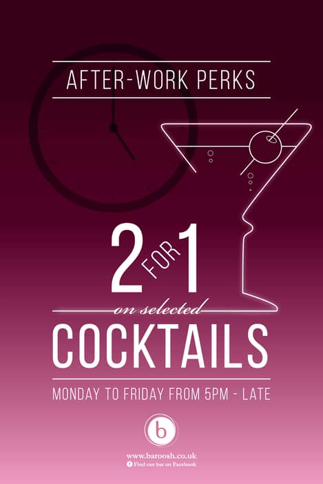 Burgundy background with neon-sign design style cocktail poster.