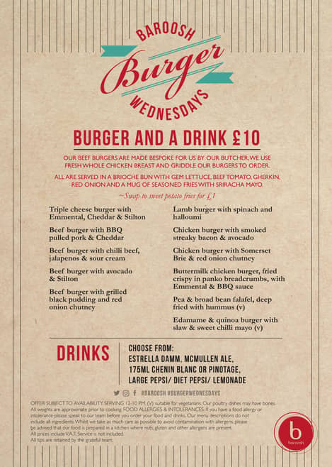 Amercian style typographic burger menu on a brown paper textured background.