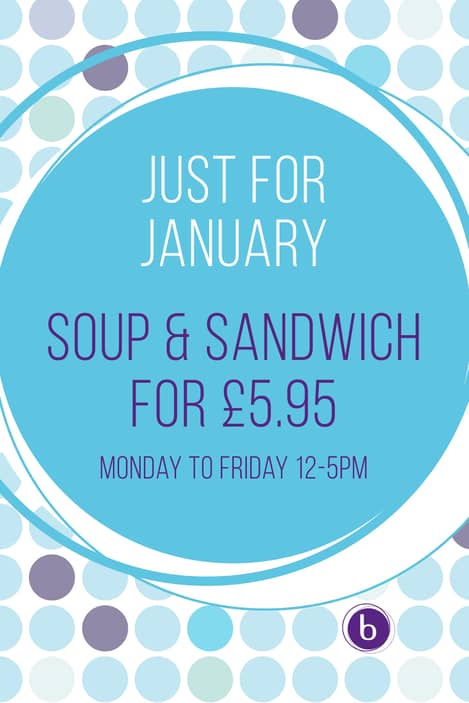 Bold blue polka dot background with a large centred circle advertsing soup and sandwiches for £5.95.