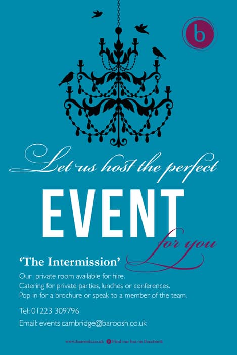 Blue event poster featuring a silhouette of a chandelier
