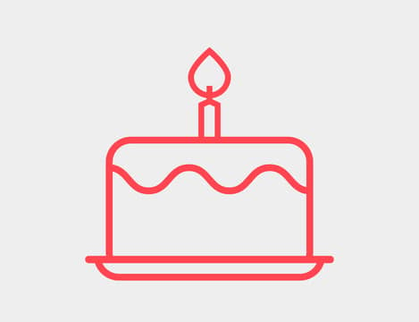 Simple, red birthday cake icon on a grey background.