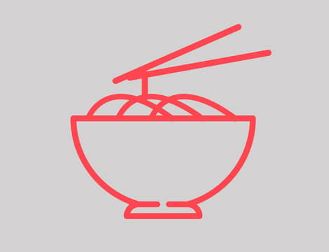 Simple, linear, red icon of a bowl of noodles and chopsticks on a light grey background.