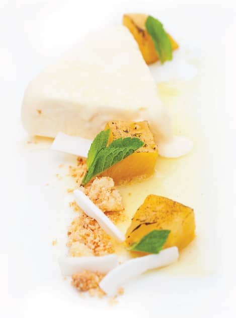 Bright, white image of panna cotta, with peach, mint and crumb garnish.