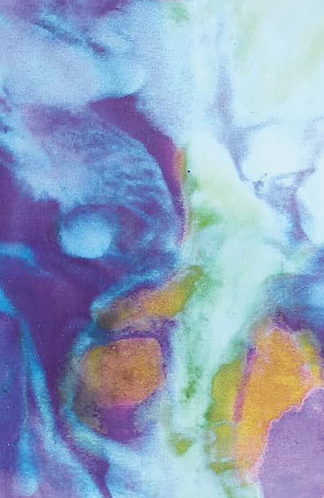 Blue, purple and gold swirling pattern used on a Wolf and Mermaid yoga mat.