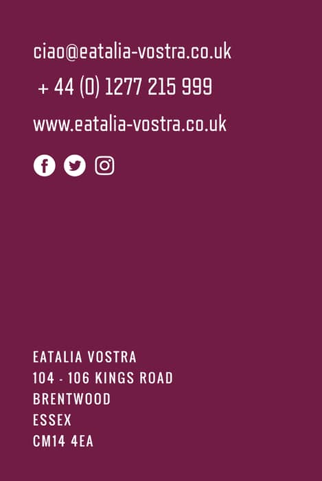 Business card back: burgundy background with white text featuring contact details.