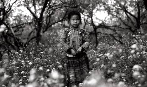 Black and white image of a Laotian girl in woods.