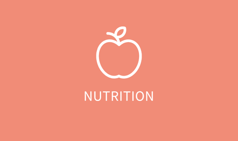Simple white apple icon on a pink background representing nutrition.
