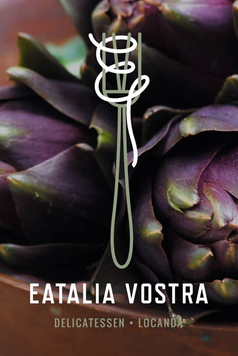 Dark purple artichoke background with white out Eatalia Vostra fork logo.