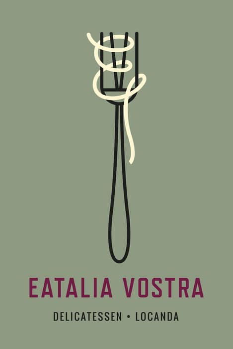 Restaurant logo for Eatalia Vostra. A liner black fork graphic with a 'V' in the prongs. A pale yellow 'E' that looks like a string of spaghetti winding through the fork head. All on a plain sage green background colour with 
