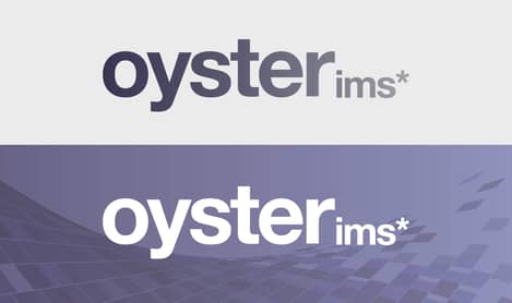 Oyster logo on white background and reversed out of purple.