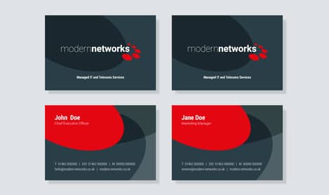 Back and front of two business cards shown on a light grey background