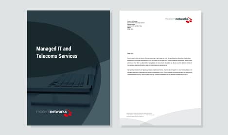 Brochure cover and letterhead shown on a light grey background.