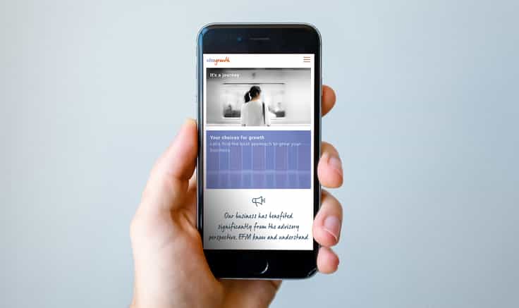Close-up of a person's hand holding a mobile phone with the EFM website homepage displayed. Grey background.