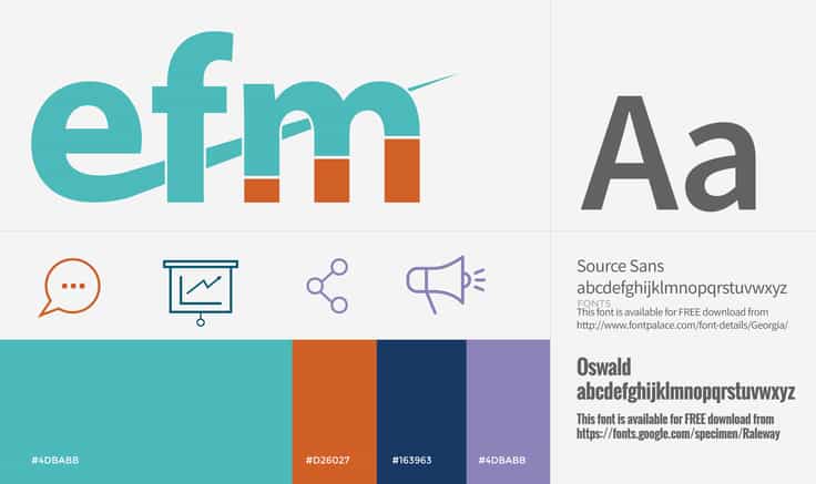 Brand guidelines for EFM, showing colours, fonts, icons and the logo.