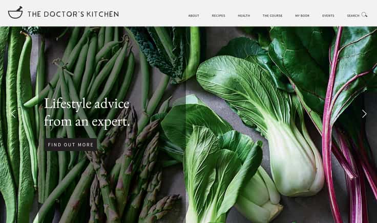 Website hompage design: green vegetables on a grey stone background with white out text: Lifestyle advice from an expert.