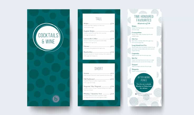 Green polka dot Baroosh restaurant menu designs fon a plain light grey background.