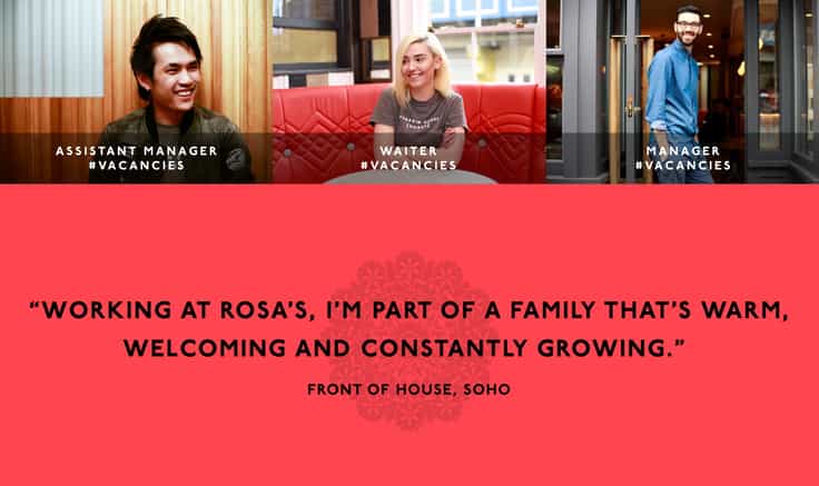 Three images of Rosa's staff members with a red panel beneath with black text describing what it's like to work at Rosa's.