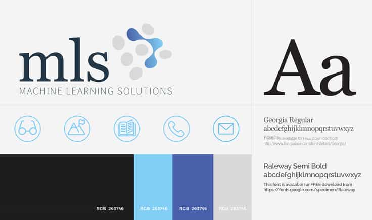 Brand guidelines showing the MLS logo, icons, fonts and grey and blue colour palette.