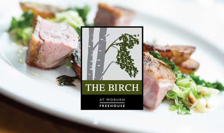 The Birch branding on top of a photograph of pork fillet served on a white plate
