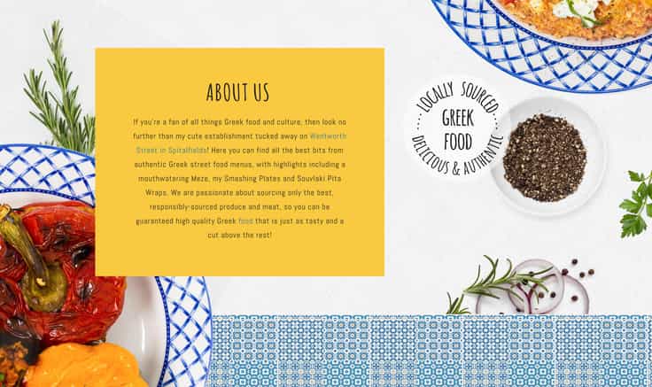 About Us section from the website, showing food images and introduction panel.