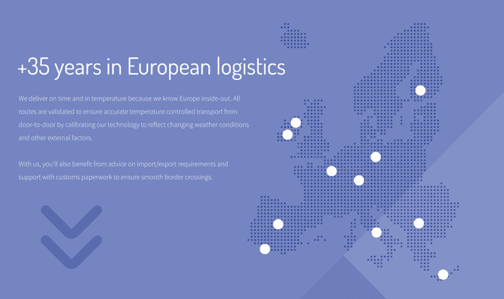 Map from Tek Freight website made up from white dots on a lilac background