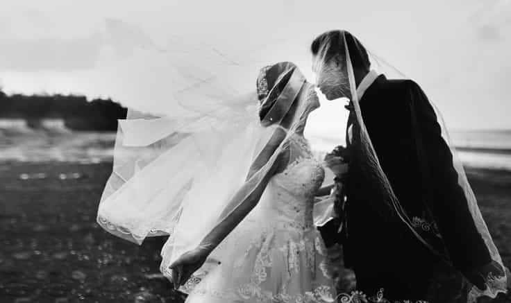 Black and white portrait of bride and groom