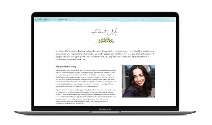 About Me page from website shown on laptop