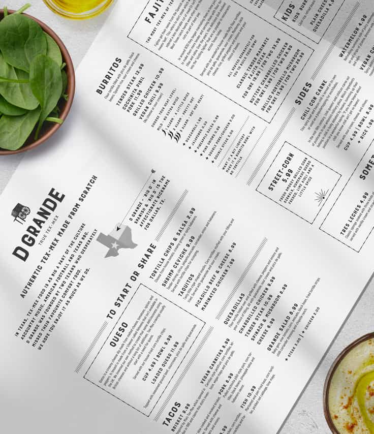 Restaurent menu viewed from overhead with dishes to the side