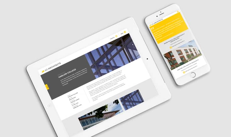 Tablet and mobile devices showing project pages from the AD Architects website.