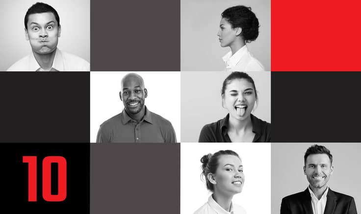 Grid of black and white portraits with red and black sections and red10 logo.