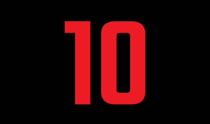 Red number 10 on black background.