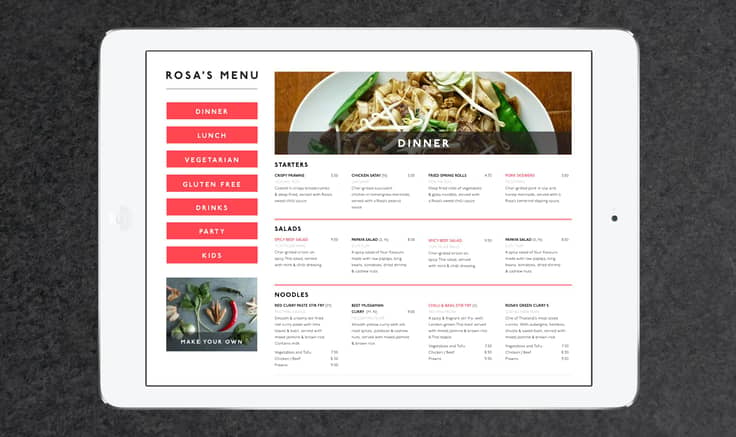 Restaurant website on tablet device showing a menu page.