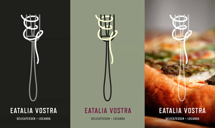 The Eatlia Vostra logo (a fork with a 'V' in the prong and a piece of spaghetti shaping and 'E') shown in full colour (green and red), black and white and reversed out of a photo of bread.