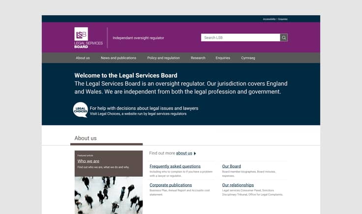 Screen shot of the homepage for the Legal Services Board law firm website