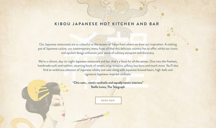 Section fro the Kibou homepage with illustration of a Geisha girl