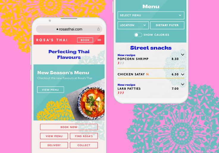 Rosa's Thai restaurant website design shown on mobile phones