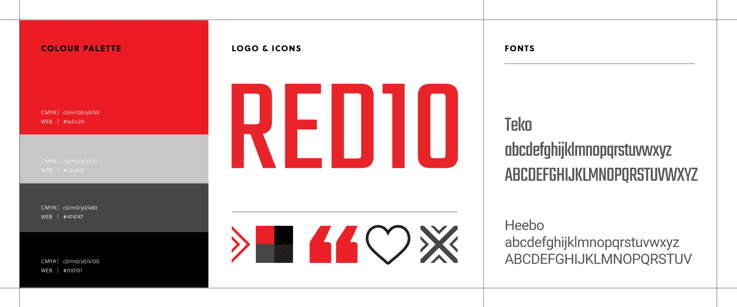 Red10 branding document, showing colours, fonts, log and icons.