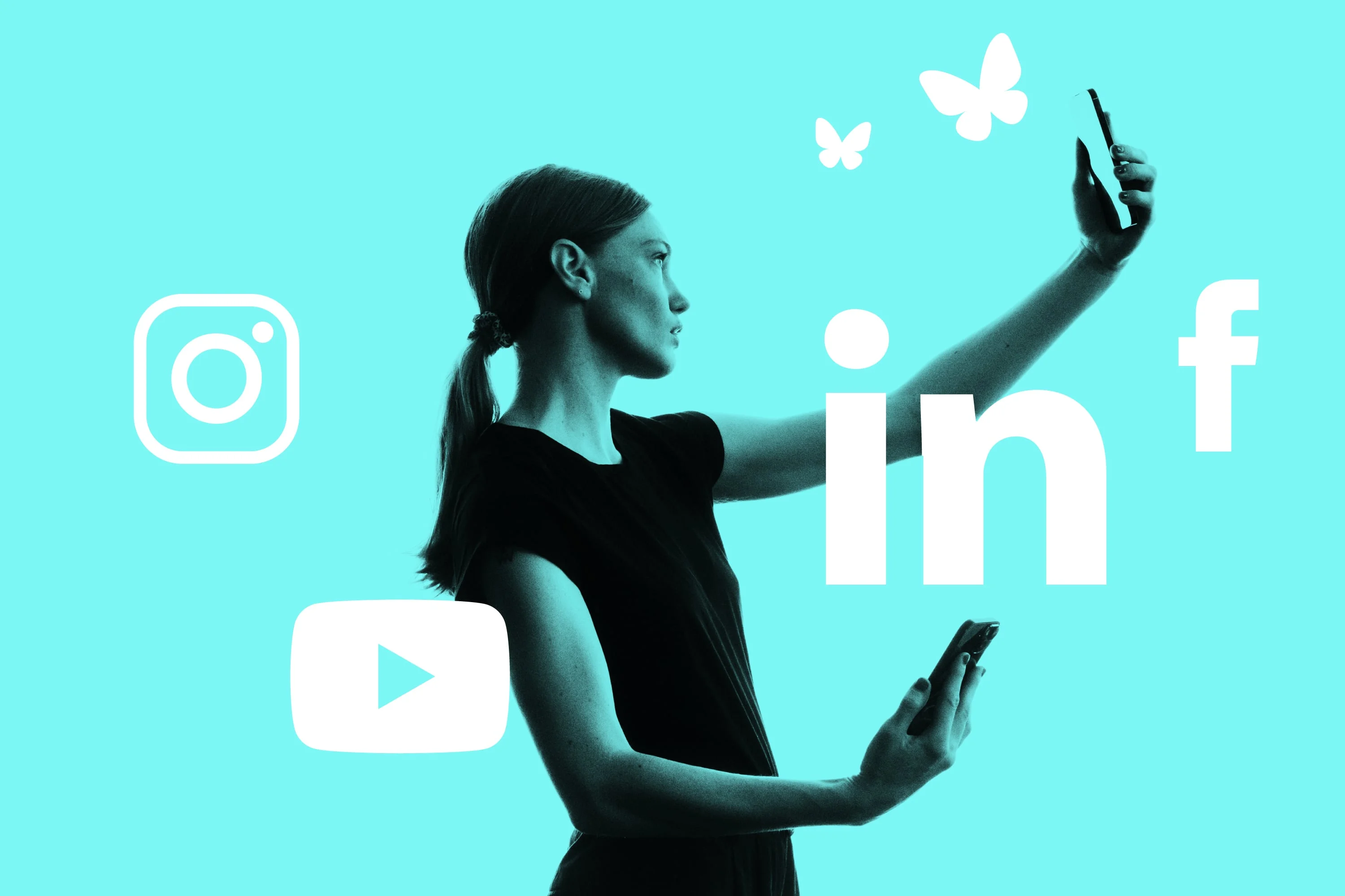 woman holding phones with instagram linkedin youtube facebook icons teal
