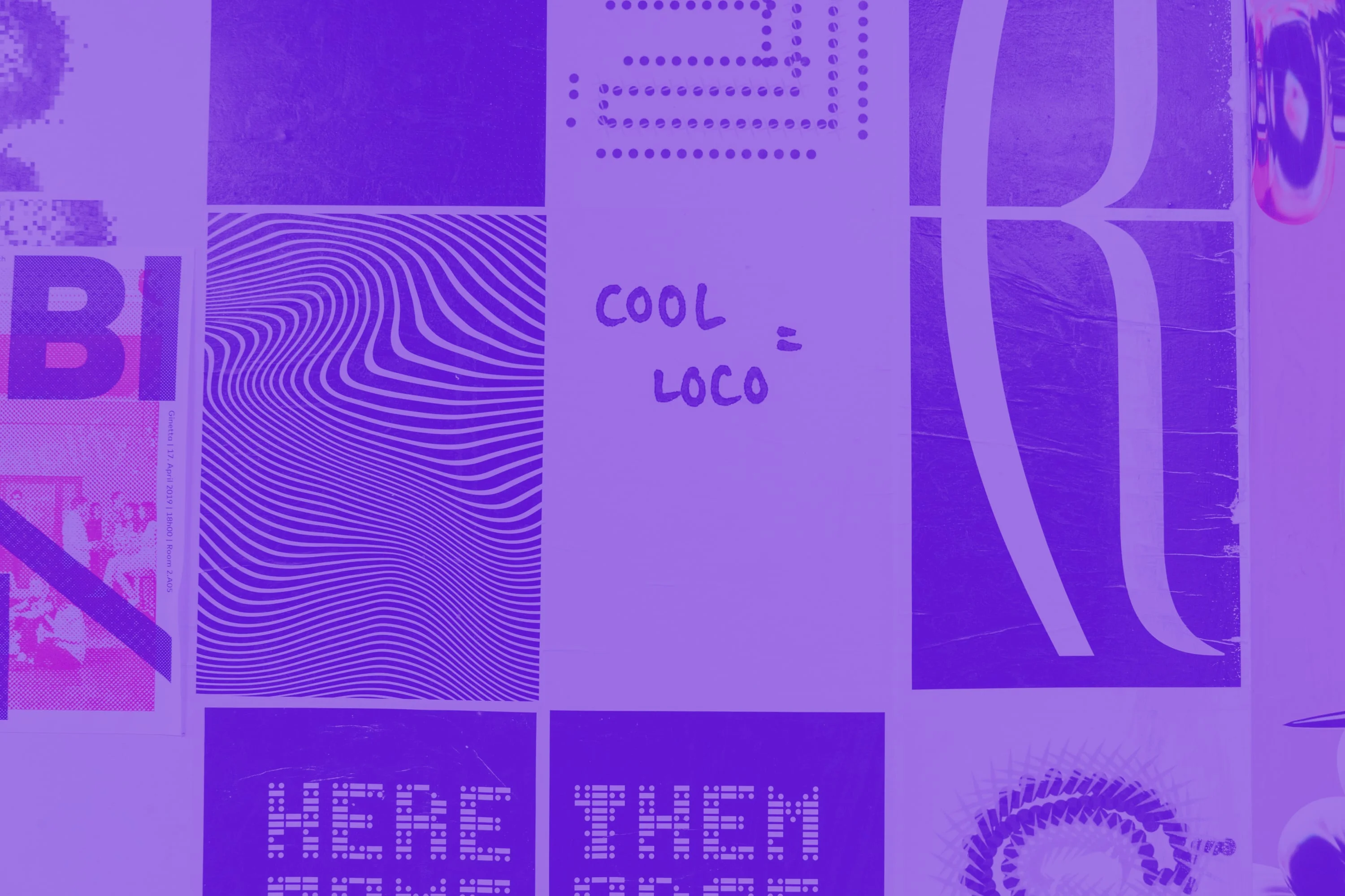 design portfolio wall showing multiple poster print designs purple toned