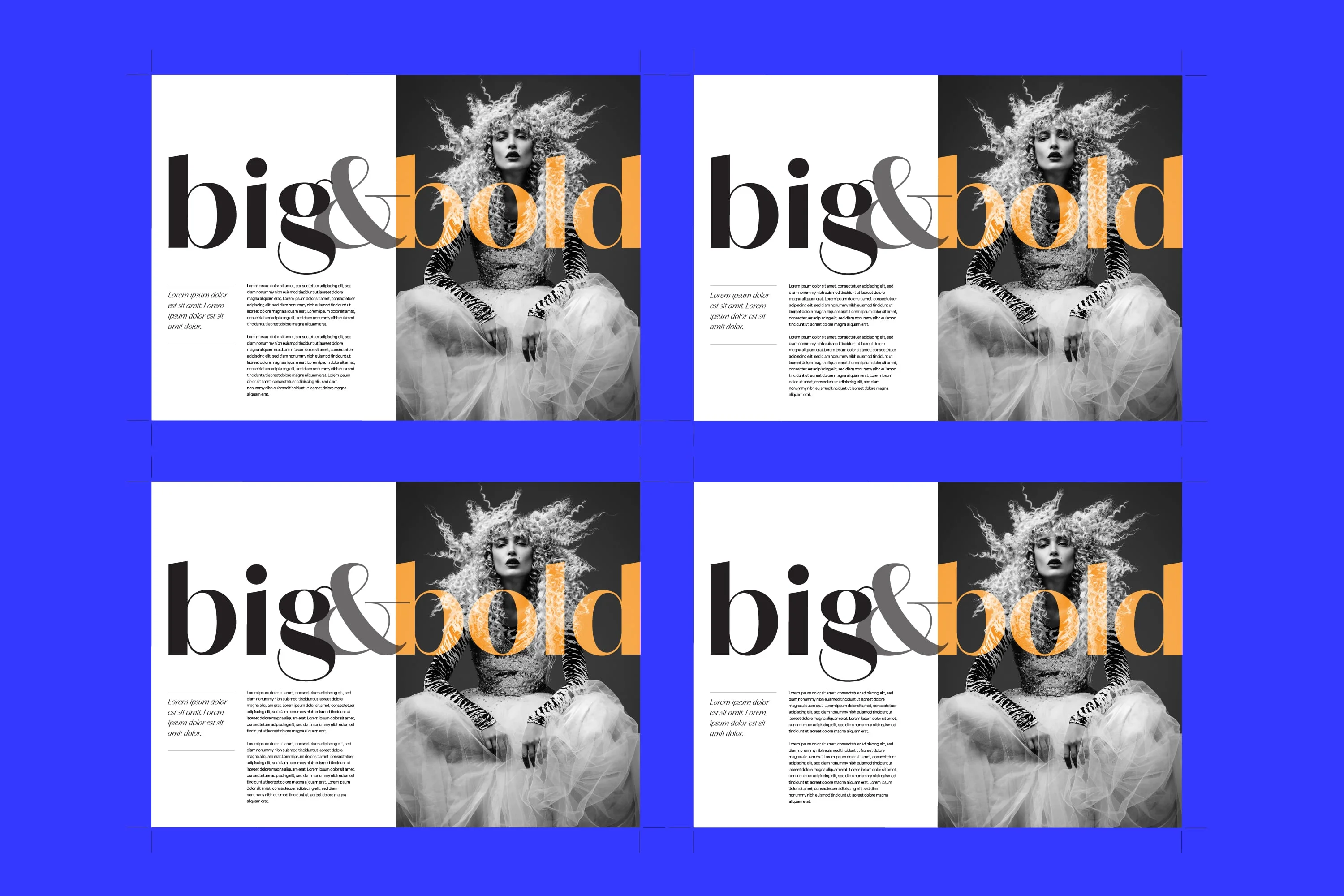 big and bold brochure magazine layout four tiles blue background