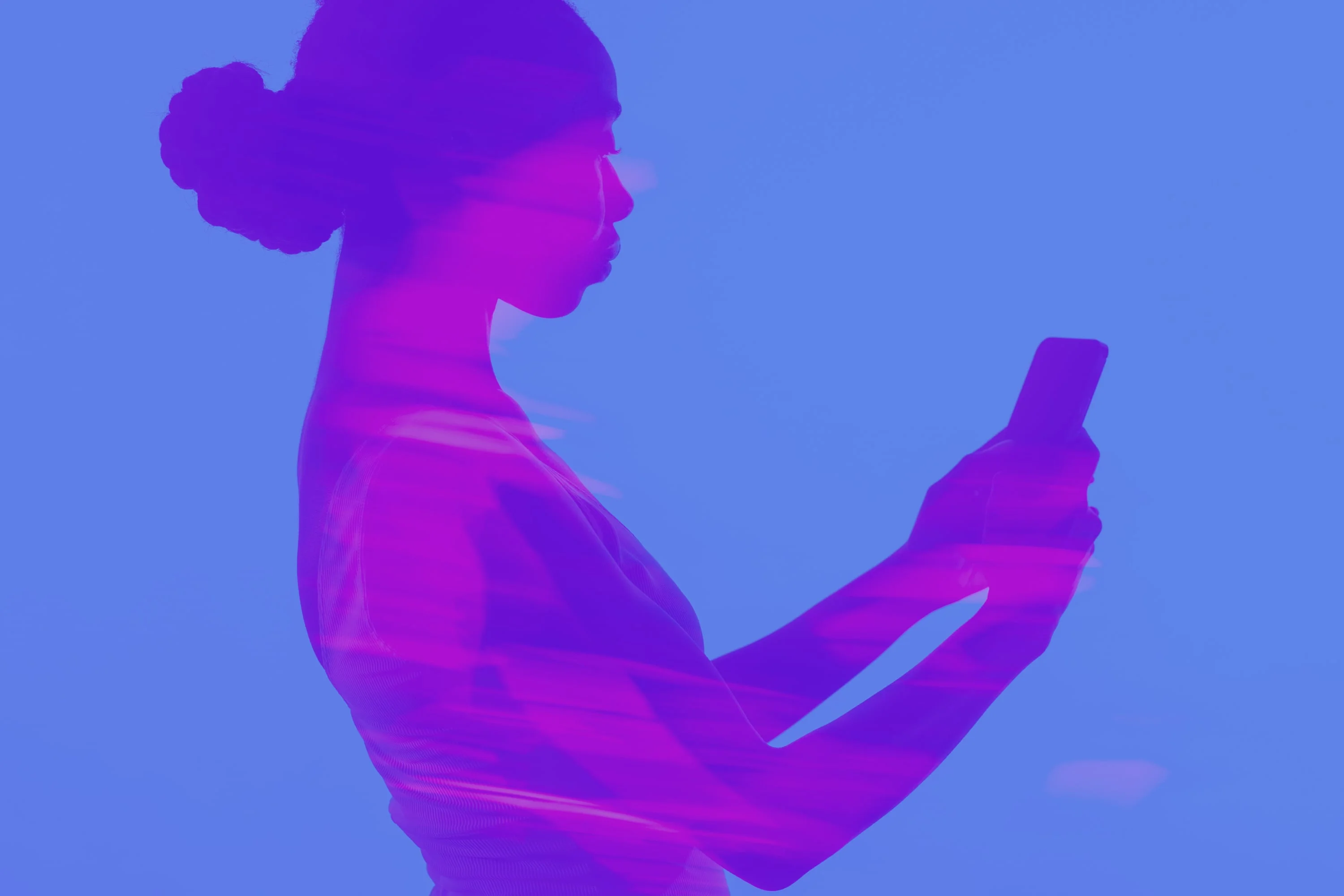 woman with hair bun double exposure smartphone purple background