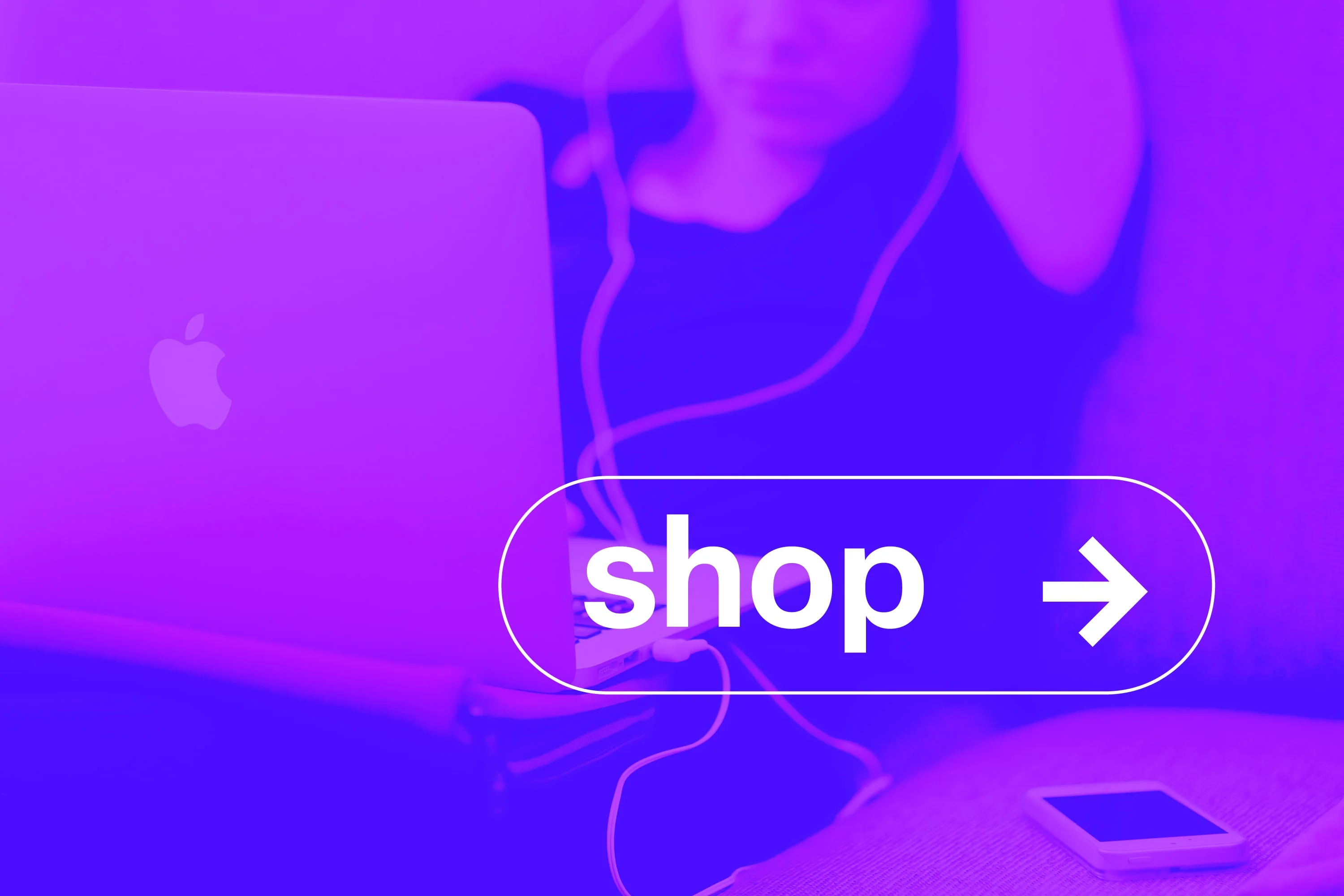 macbook laptop with woman wearing earphones shop button overlay purple toned