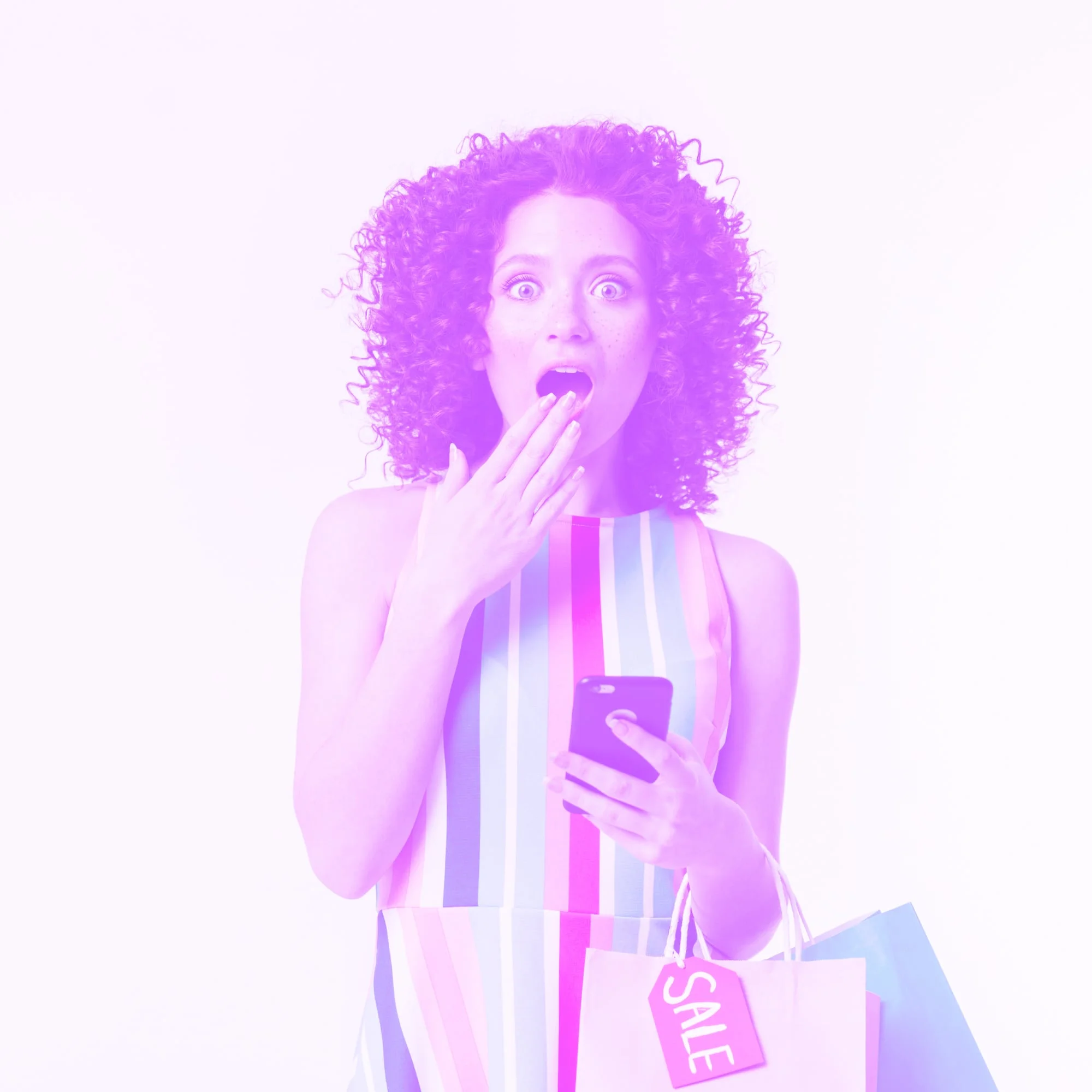 excited woman holding phone and shopping bags with sale tag purple toned