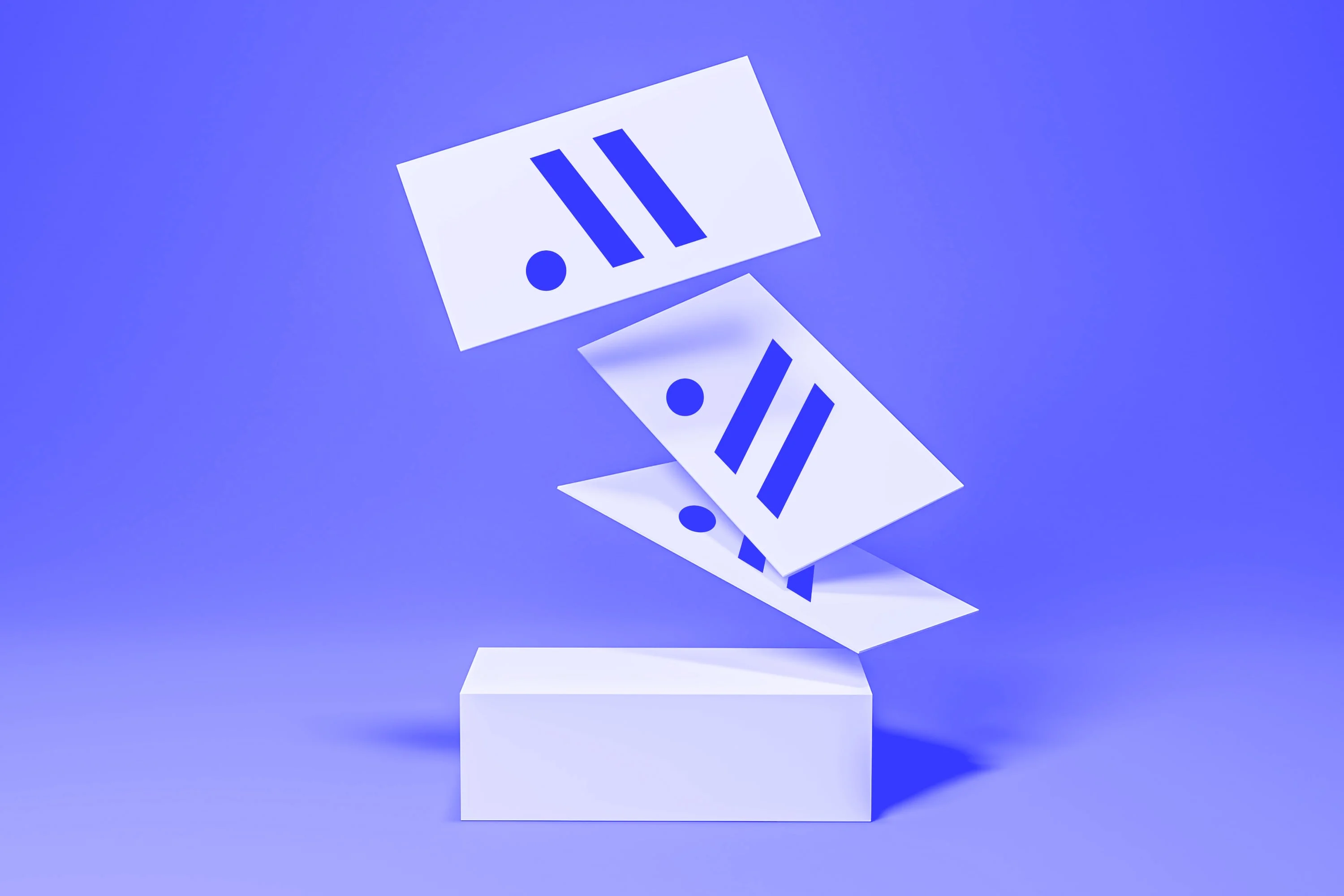 abstract white cards with geometric graphic design mark on blue periwinkle background