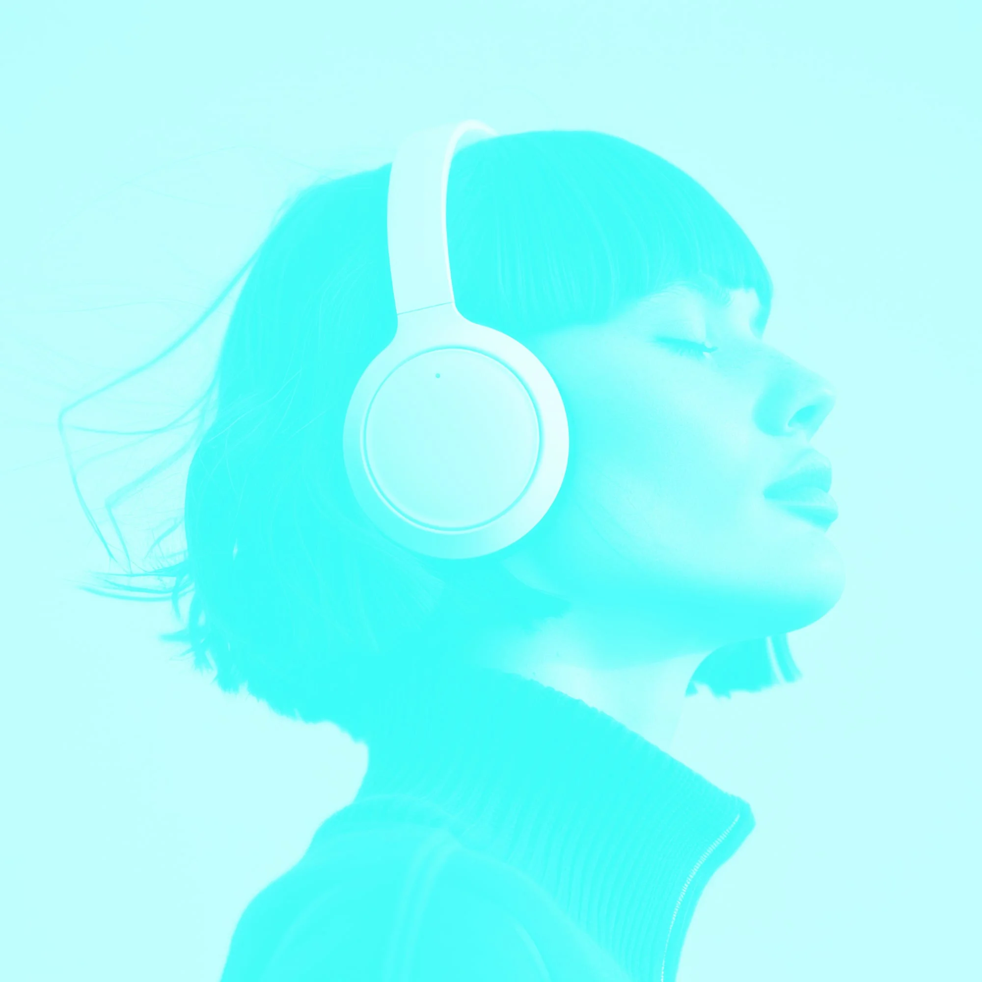 woman wearing wireless headphones eyes closed side profile teal toned