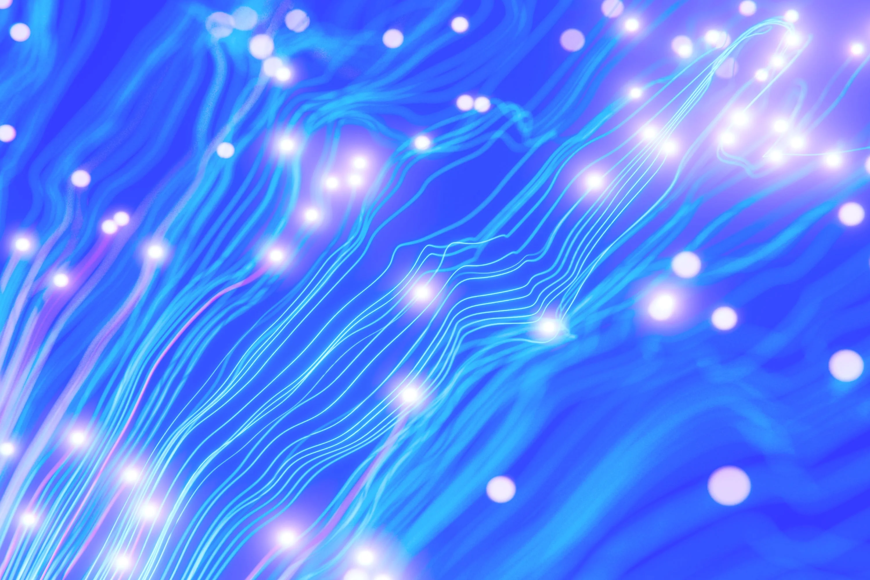 glowing neon data stream lines with light nodes blue digital concept